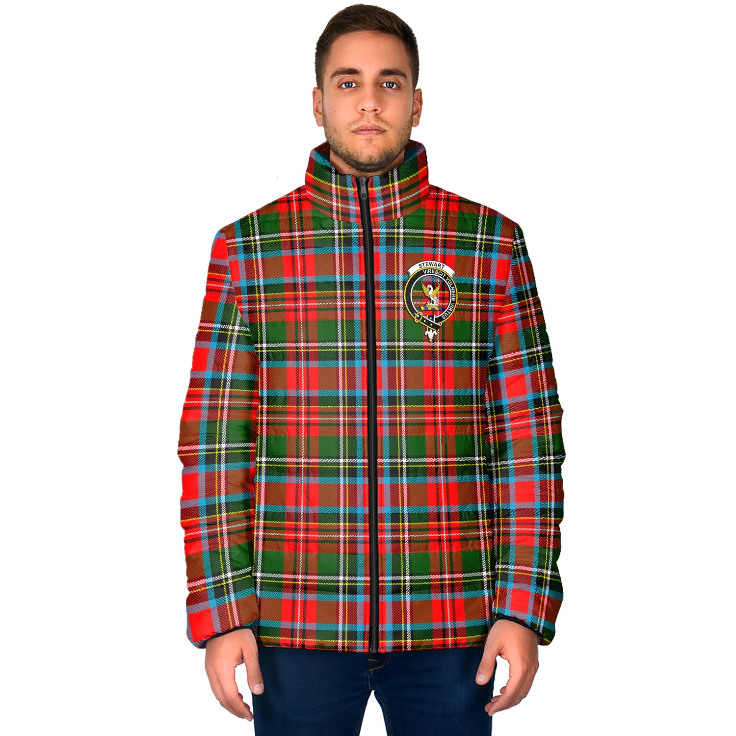 Stewart (Stuart) Tartan Padded Jacket with Family Crest - Tartan Vibes Clothing