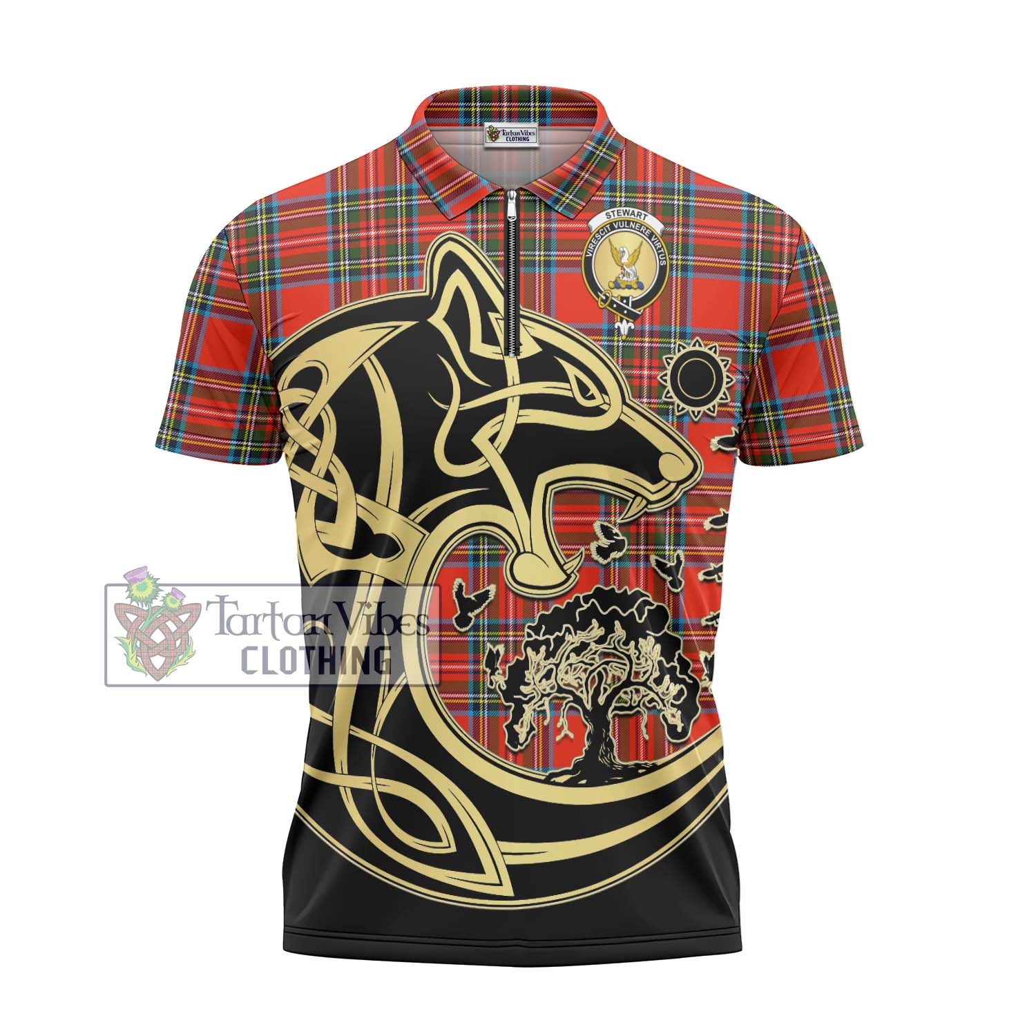 Stewart (Stuart) Tartan Zipper Polo Shirt with Family Crest Celtic Wolf Style - Tartanvibesclothing Shop