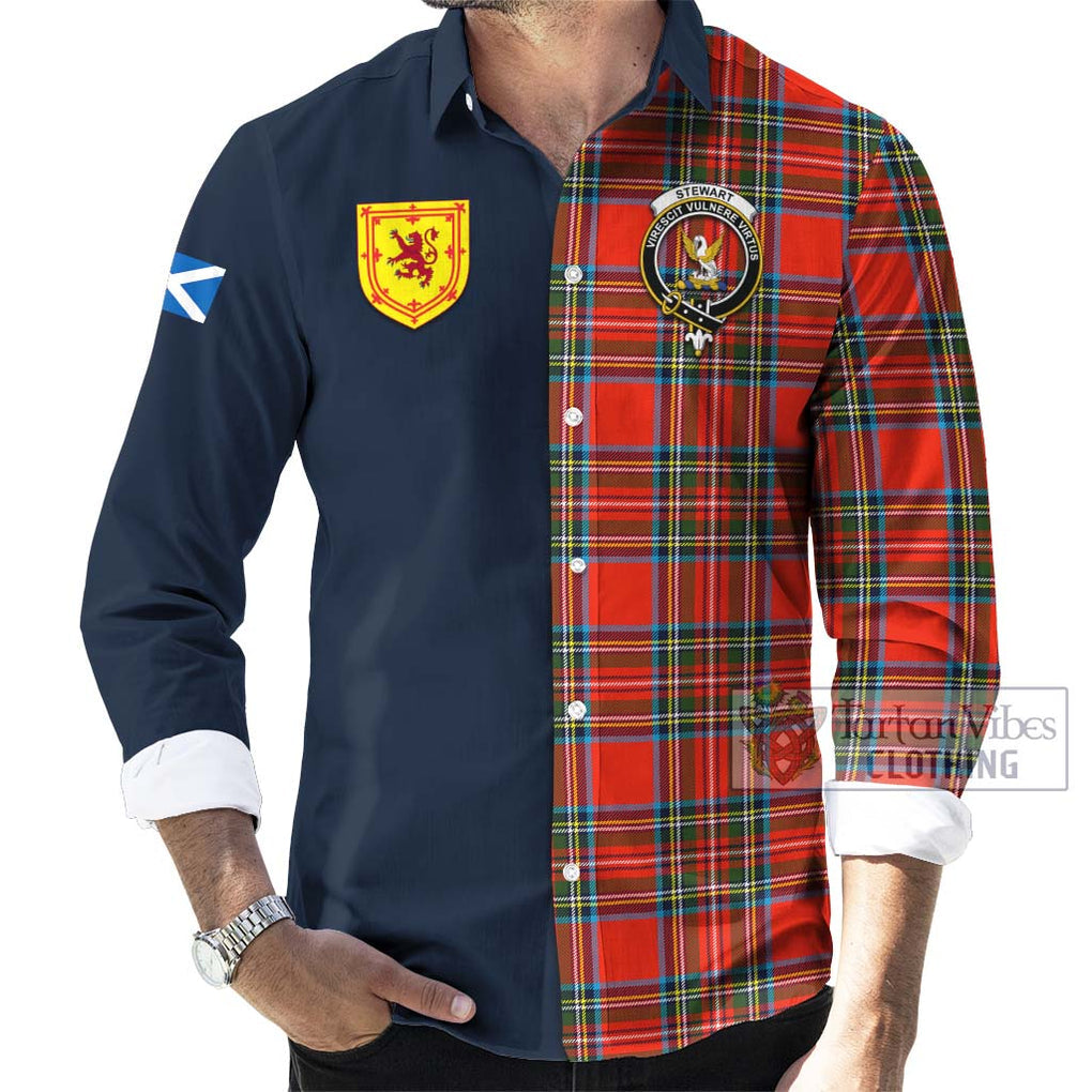 Tartan Vibes Clothing Stewart Royal Tartan Long Sleeve Button Shirt with Scottish Lion Royal Arm Half Style