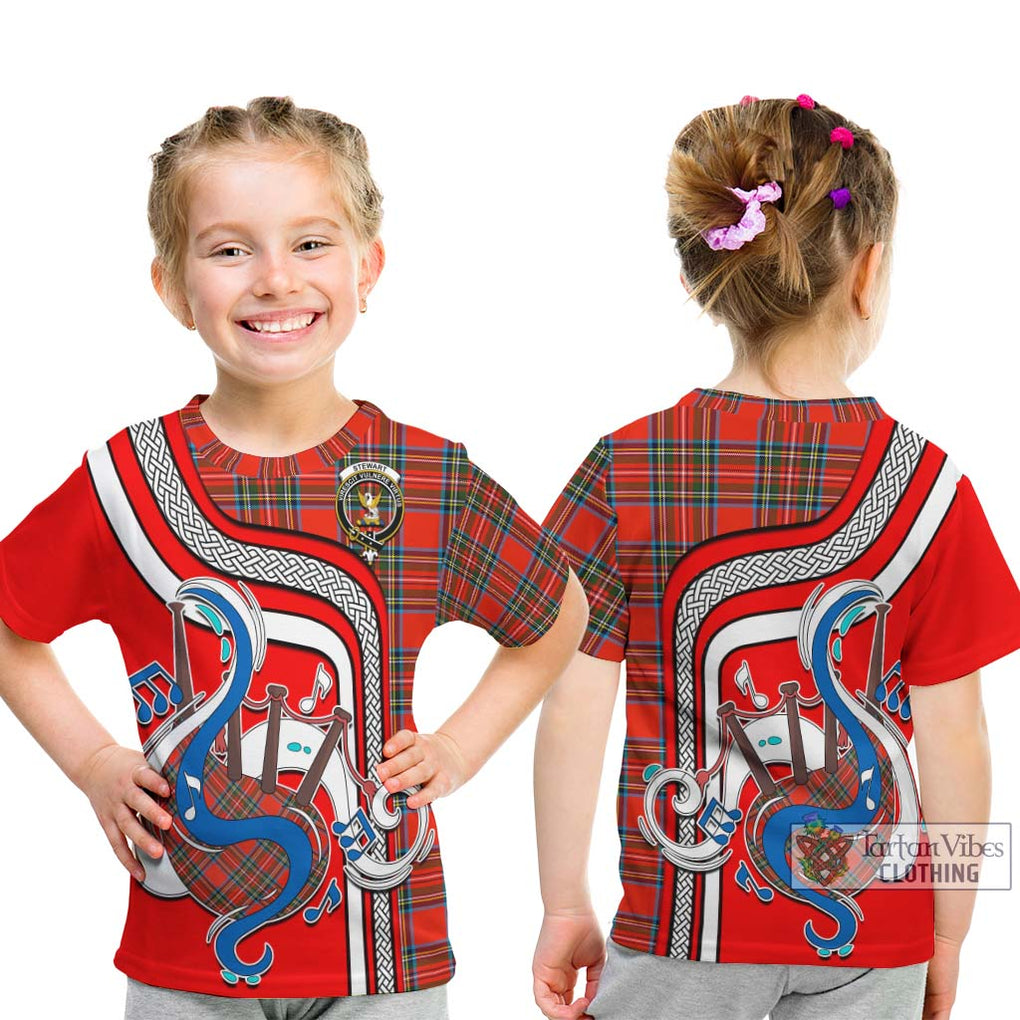 Tartan Vibes Clothing Stewart Royal Tartan Kid T-Shirt with Epic Bagpipe Style