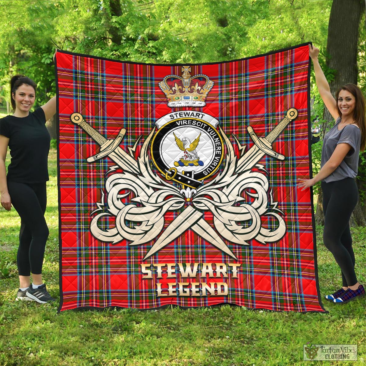 Tartan Vibes Clothing Stewart Royal Tartan Quilt with Clan Crest and the Golden Sword of Courageous Legacy