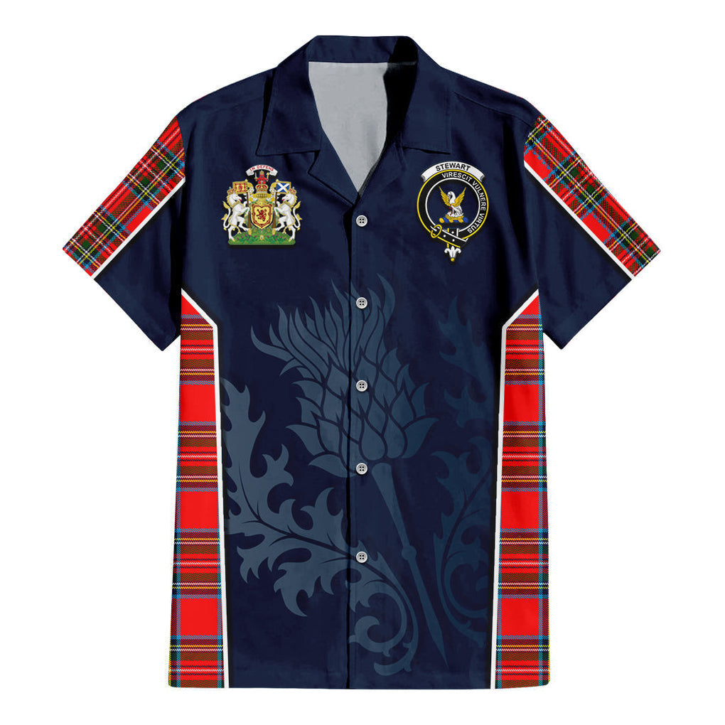 Tartan Vibes Clothing Stewart Royal Tartan Short Sleeve Button Up Shirt with Family Crest and Scottish Thistle Vibes Sport Style