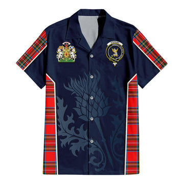 Stewart (Stuart) Tartan Short Sleeve Button Up Shirt with Family Crest and Scottish Thistle Vibes Sport Style