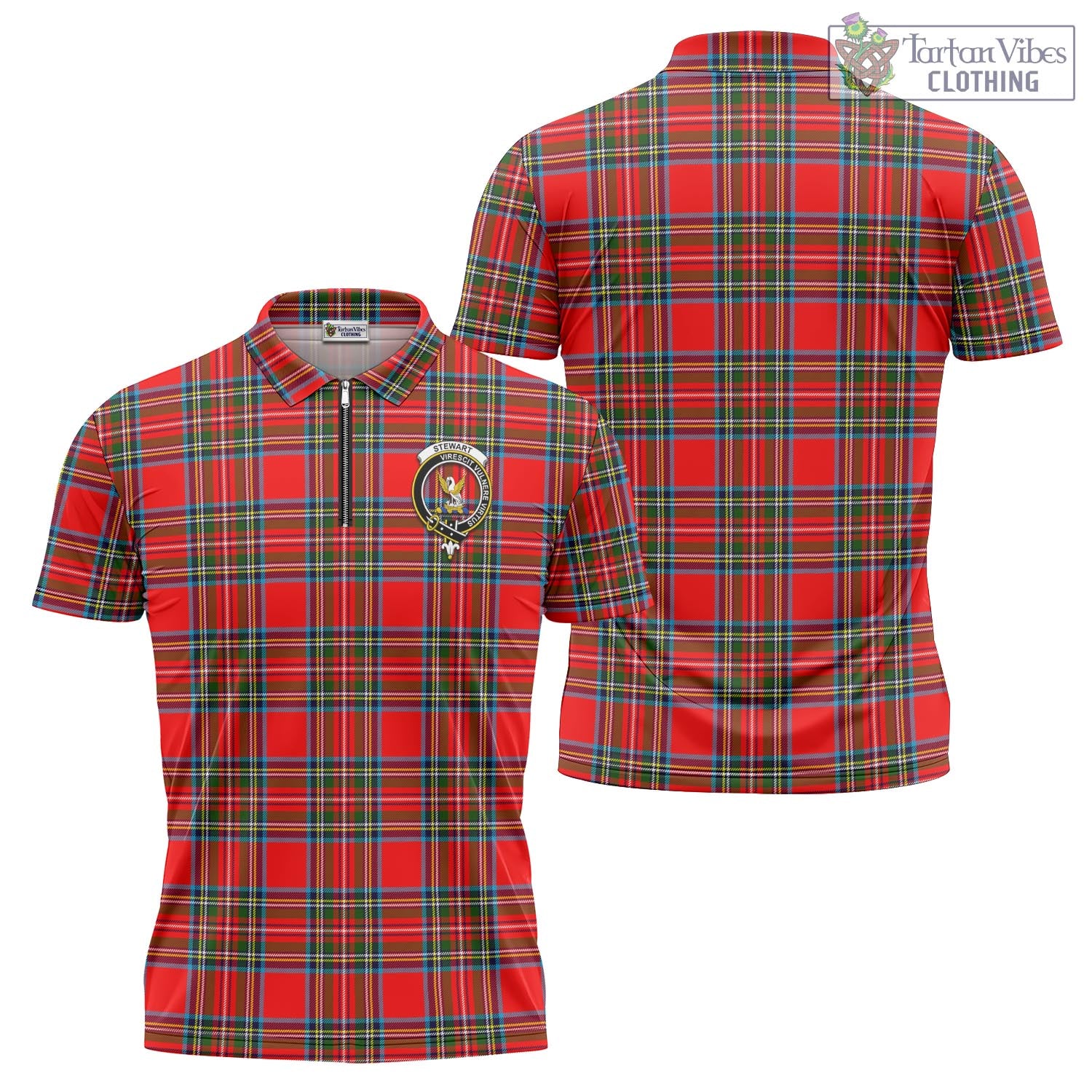 Tartan Vibes Clothing Stewart Royal Tartan Zipper Polo Shirt with Family Crest