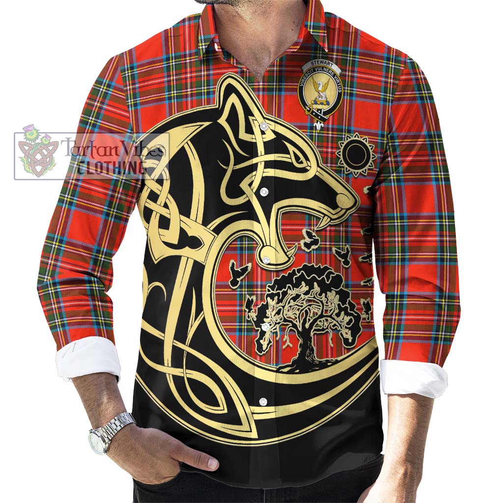 Stewart (Stuart) Tartan Long Sleeve Button Shirt with Family Crest Celtic Wolf Style - Tartan Vibes Clothing