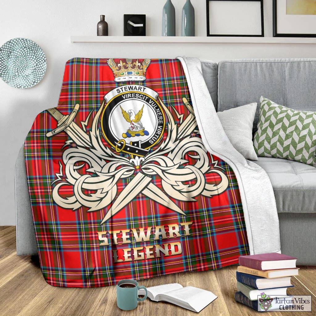 Tartan Vibes Clothing Stewart Royal Tartan Blanket with Clan Crest and the Golden Sword of Courageous Legacy