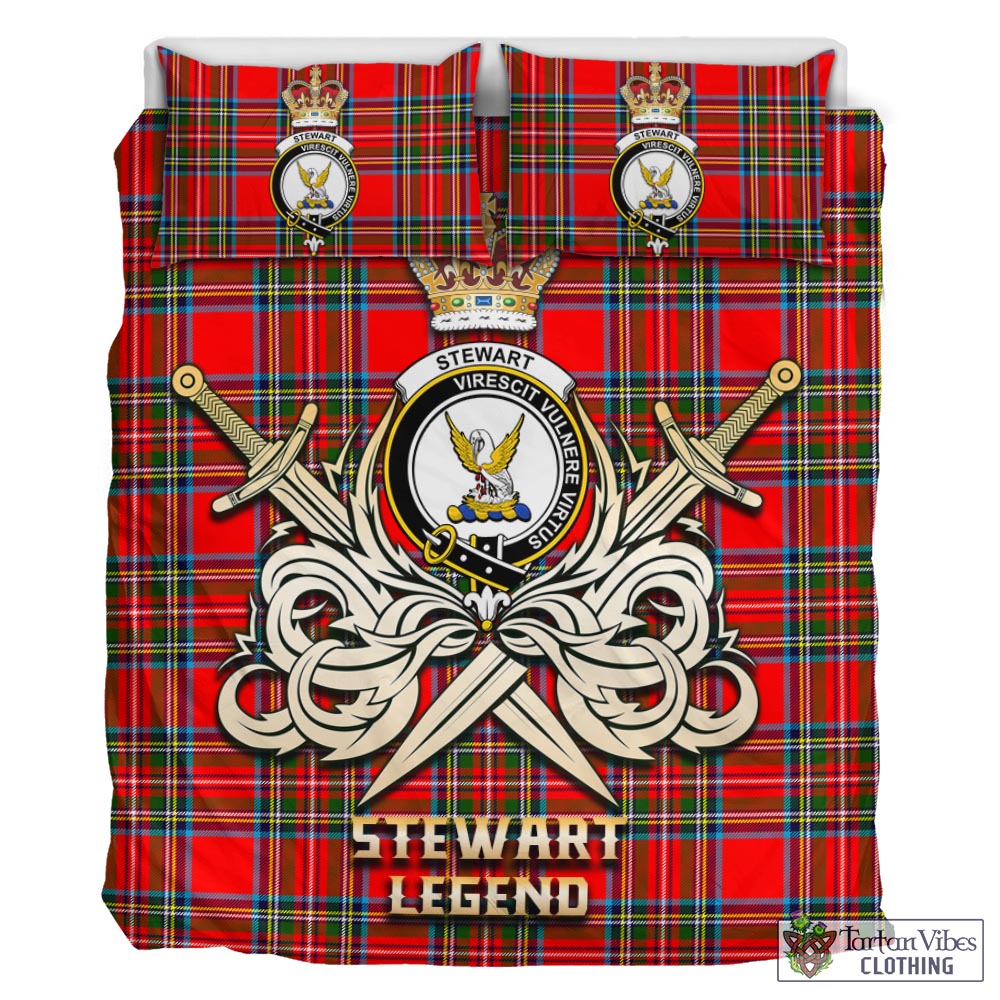 Tartan Vibes Clothing Stewart Royal Tartan Bedding Set with Clan Crest and the Golden Sword of Courageous Legacy