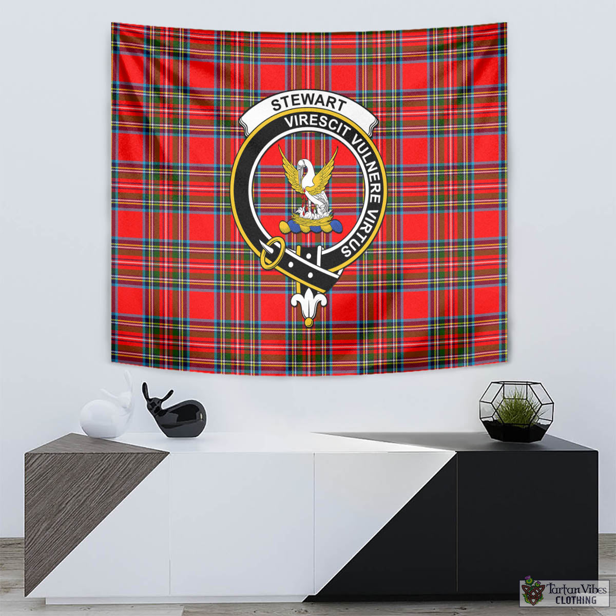 Tartan Vibes Clothing Stewart Royal Tartan Tapestry Wall Hanging and Home Decor for Room with Family Crest