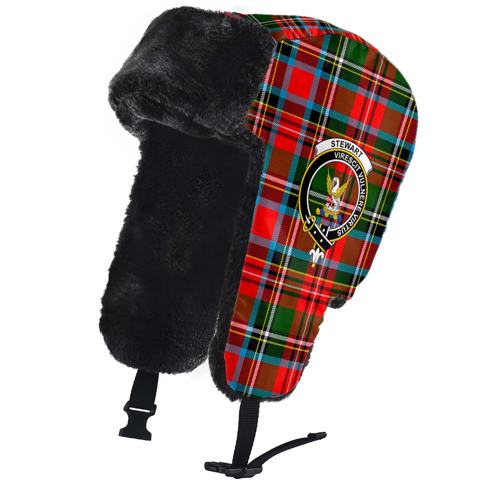 Stewart Royal Tartan Winter Trapper Hat with Family Crest - Tartanvibesclothing