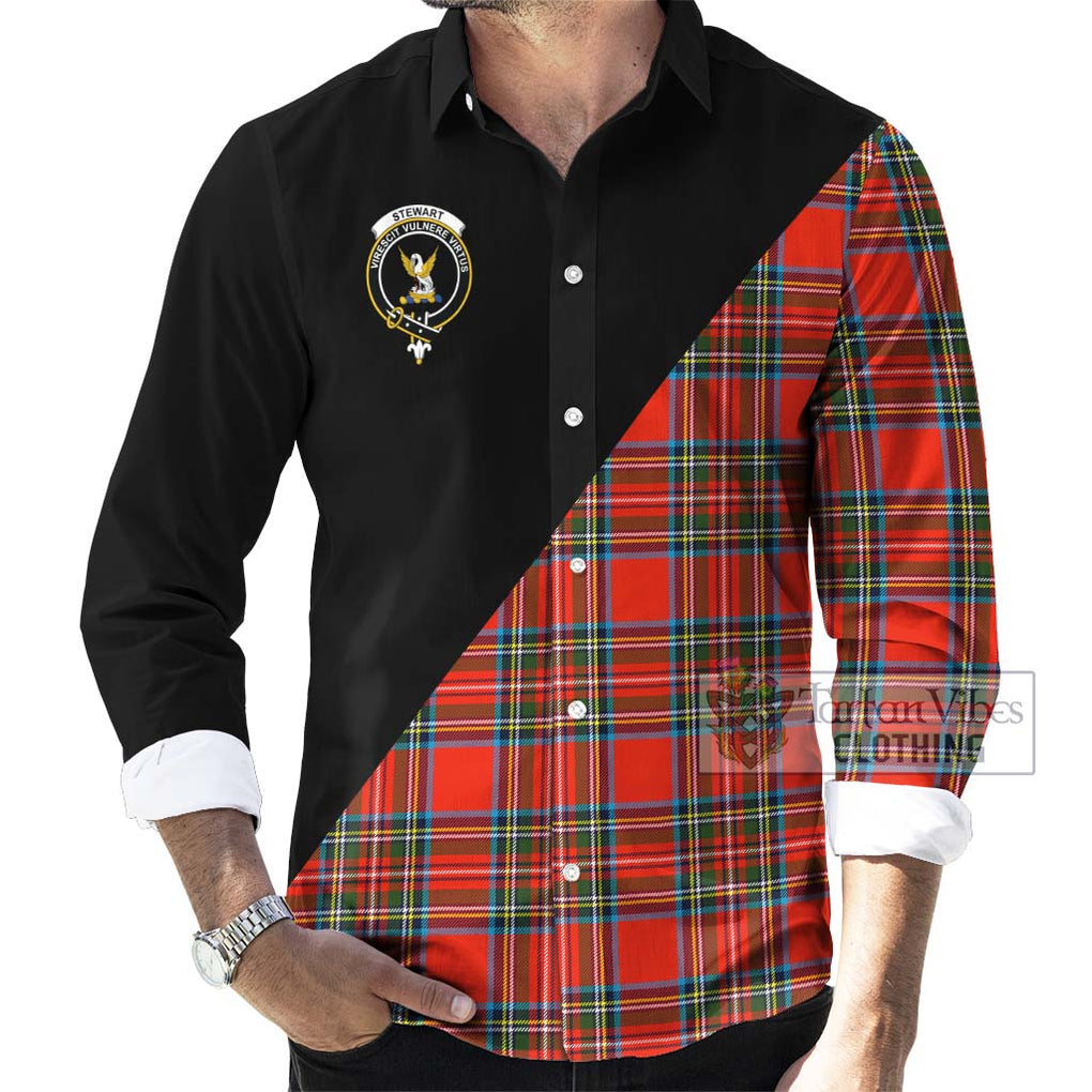 Stewart (Stuart) Tartan Long Sleeve Button Shirt with Family Crest and Military Logo Style - Tartanvibesclothing Shop