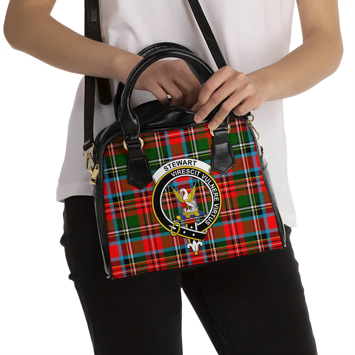 Stewart Royal Tartan Shoulder Handbags with Family Crest - Tartanvibesclothing