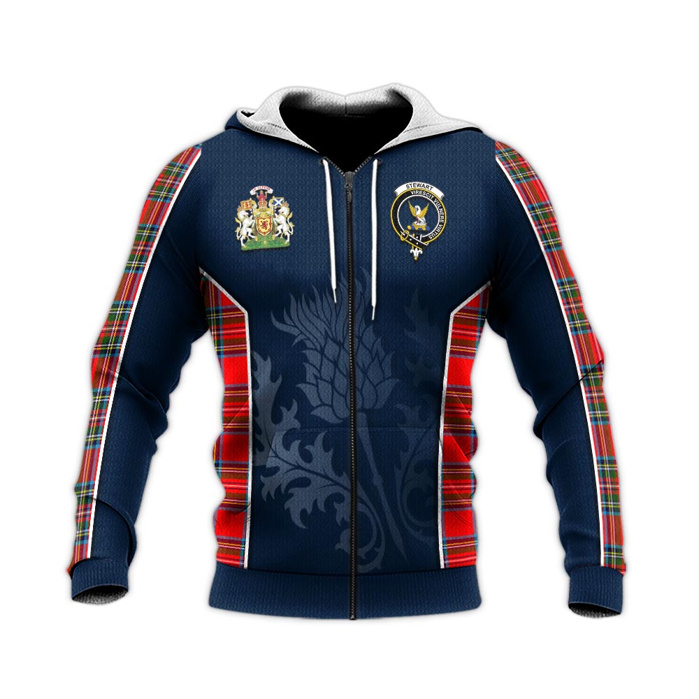 Tartan Vibes Clothing Stewart Royal Tartan Knitted Hoodie with Family Crest and Scottish Thistle Vibes Sport Style