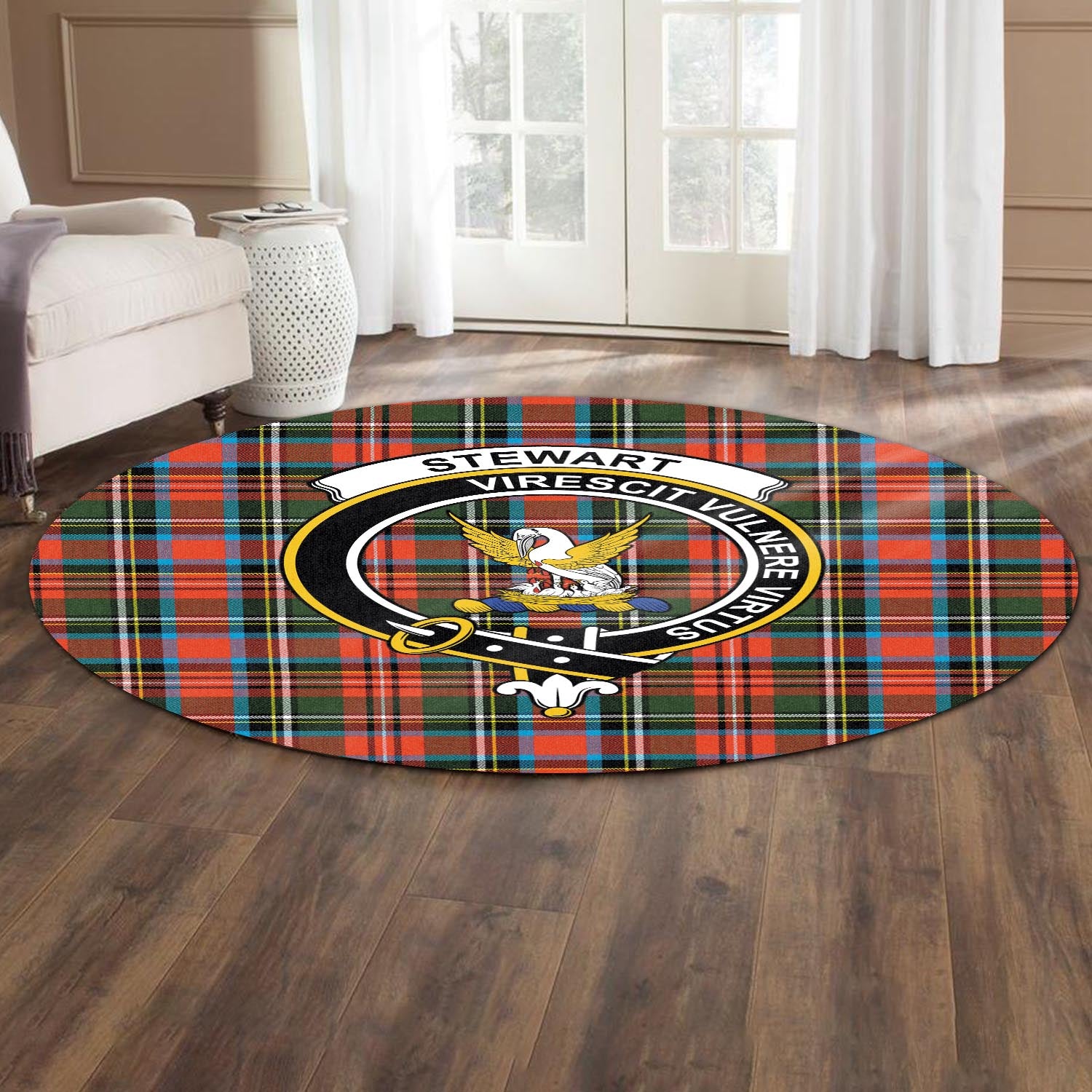 stewart-royal-tartan-round-rug-with-family-crest