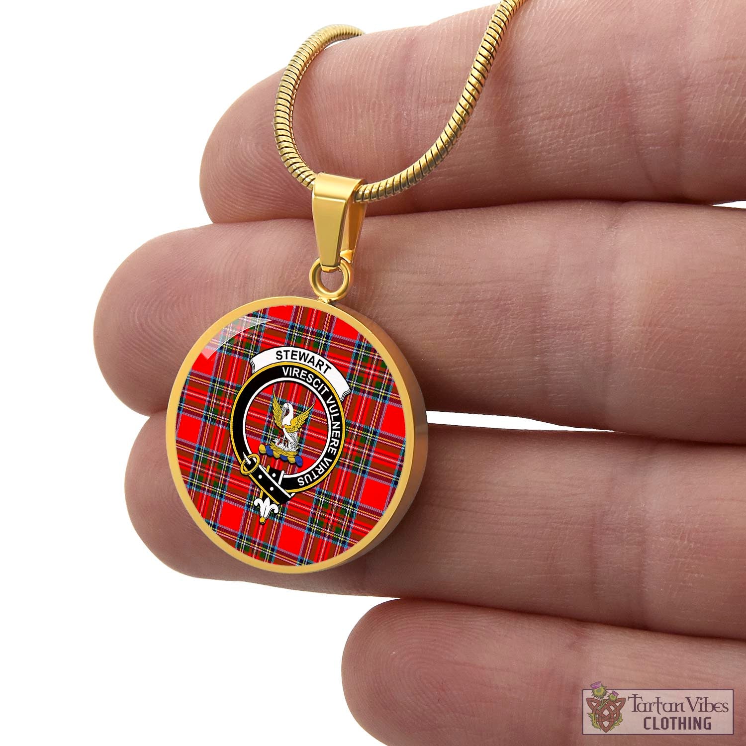 Tartan Vibes Clothing Stewart Royal Tartan Circle Necklace with Family Crest