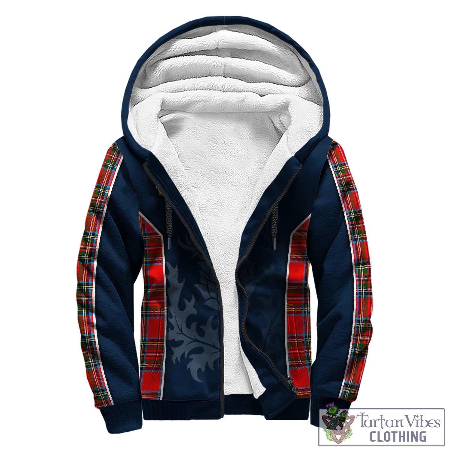Tartan Vibes Clothing Stewart Royal Tartan Sherpa Hoodie with Family Crest and Scottish Thistle Vibes Sport Style