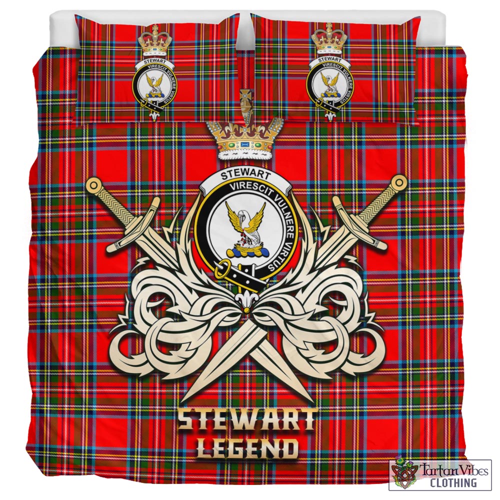 Tartan Vibes Clothing Stewart Royal Tartan Bedding Set with Clan Crest and the Golden Sword of Courageous Legacy