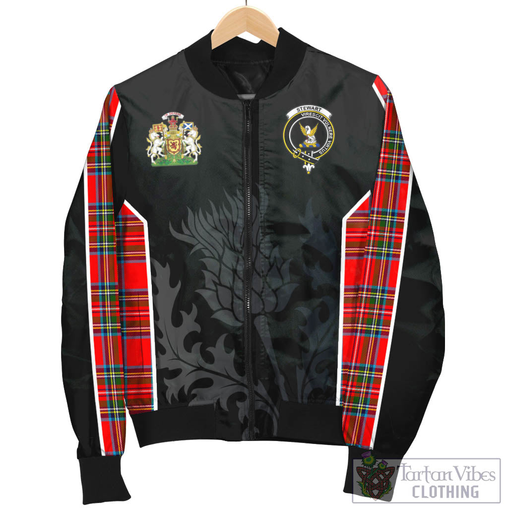 Tartan Vibes Clothing Stewart Royal Tartan Bomber Jacket with Family Crest and Scottish Thistle Vibes Sport Style