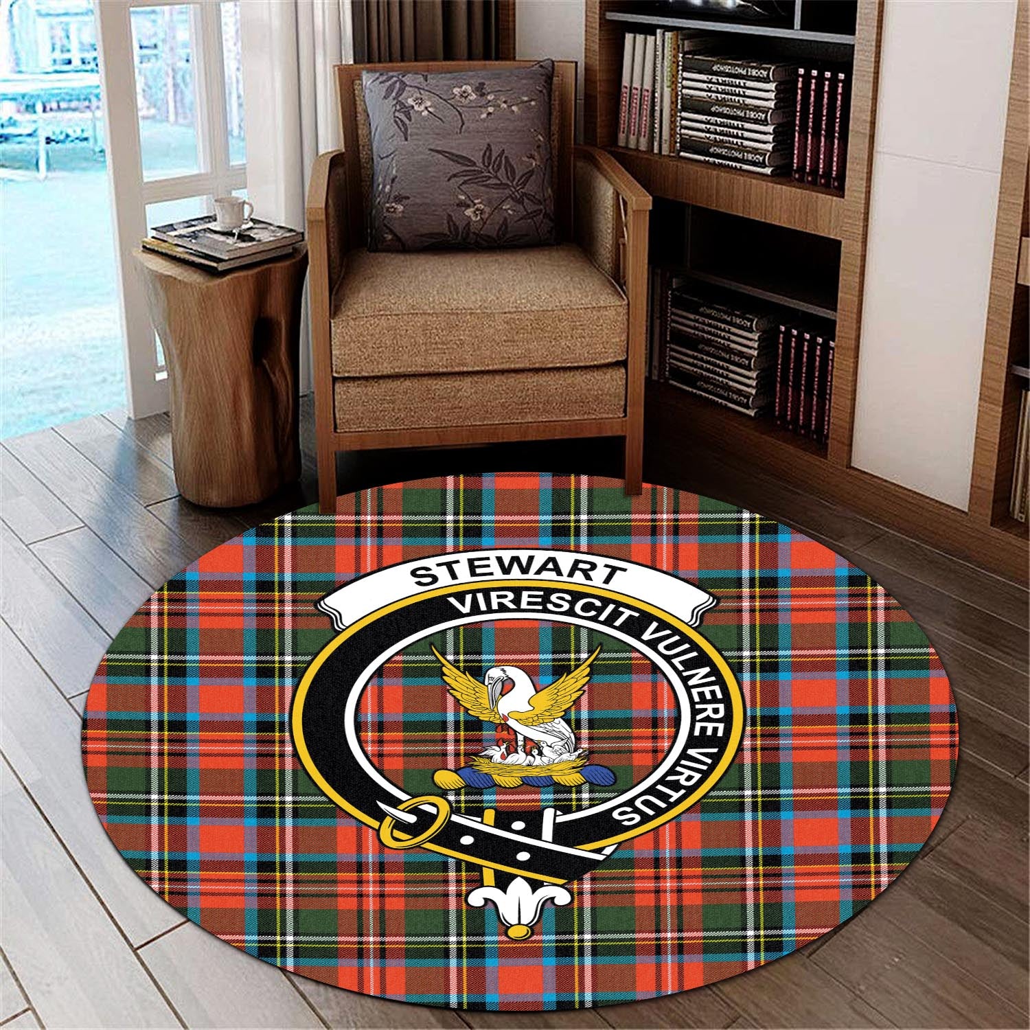 stewart-royal-tartan-round-rug-with-family-crest