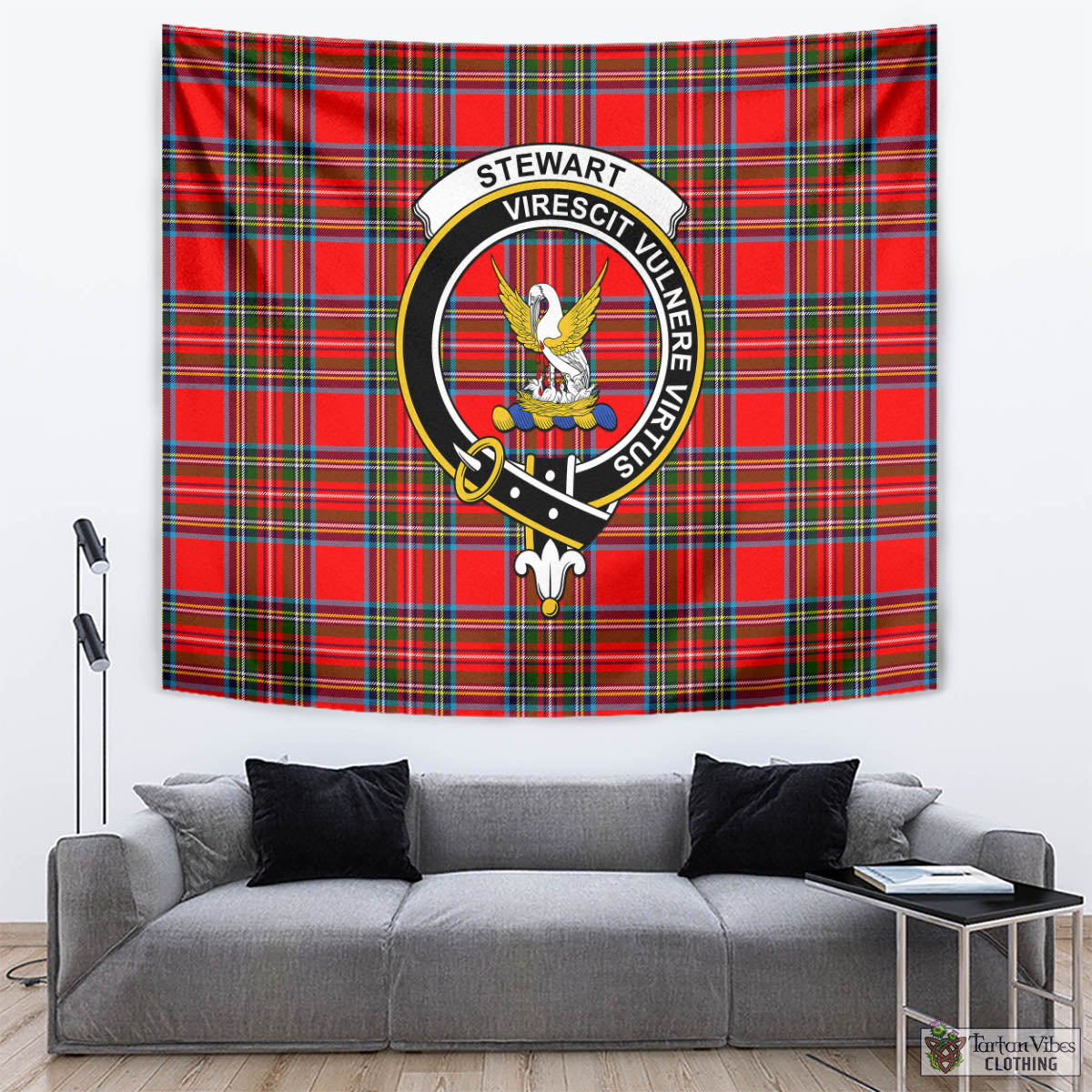 Tartan Vibes Clothing Stewart Royal Tartan Tapestry Wall Hanging and Home Decor for Room with Family Crest