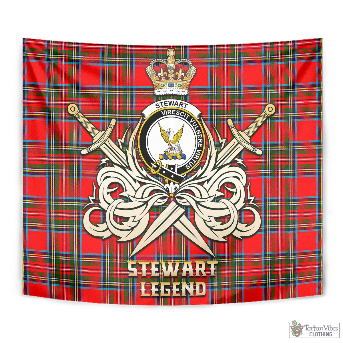 Tartan Vibes Clothing Stewart Royal Tartan Tapestry with Clan Crest and the Golden Sword of Courageous Legacy