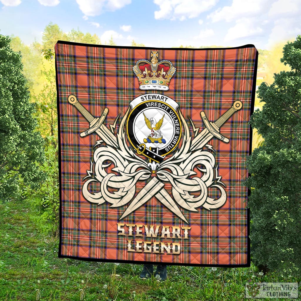 Tartan Vibes Clothing Stewart Royal Ancient Tartan Quilt with Clan Crest and the Golden Sword of Courageous Legacy