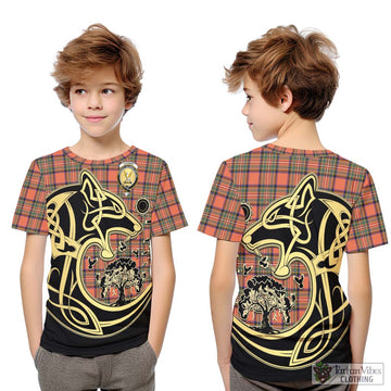 Stewart Royal Ancient Tartan Kid T-Shirt with Family Crest Celtic Wolf Style