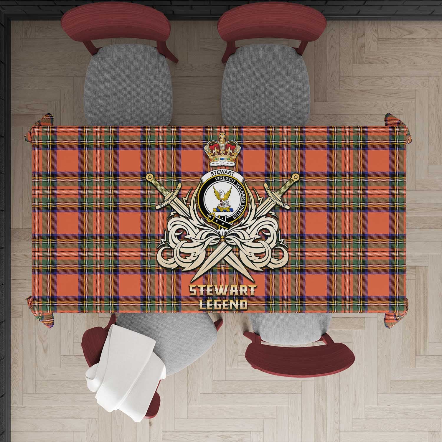 Tartan Vibes Clothing Stewart Royal Ancient Tartan Tablecloth with Clan Crest and the Golden Sword of Courageous Legacy