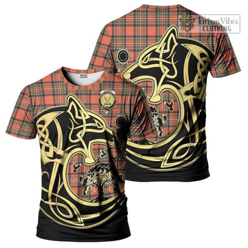 Stewart Royal Ancient Tartan T-Shirt with Family Crest Celtic Wolf Style