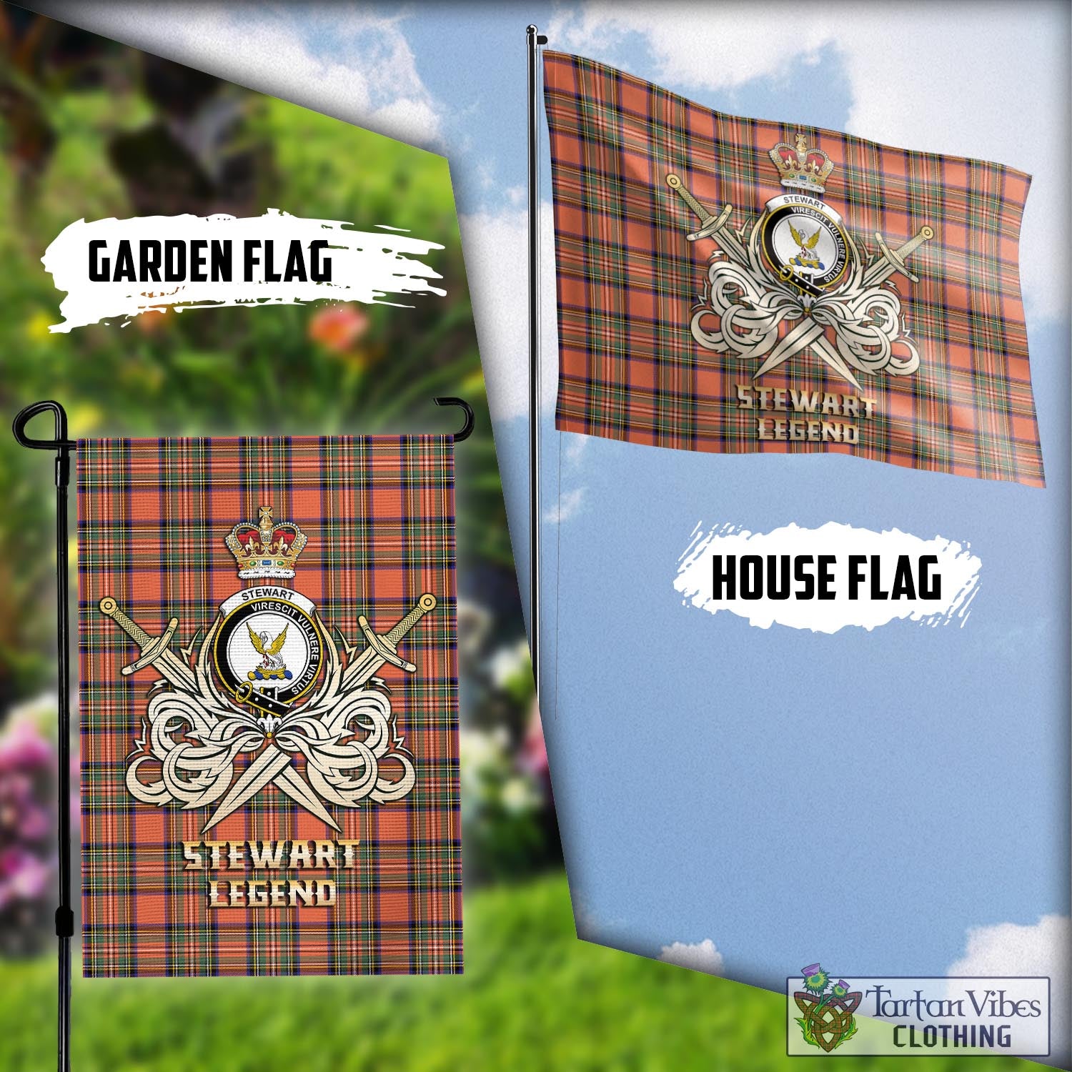 Tartan Vibes Clothing Stewart Royal Ancient Tartan Flag with Clan Crest and the Golden Sword of Courageous Legacy