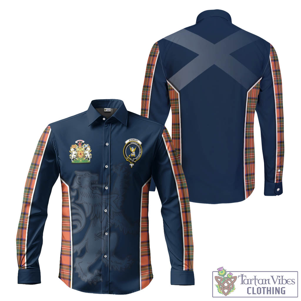 Stewart Royal Ancient Tartan Long Sleeve Button Up Shirt with Family Crest and Lion Rampant Vibes Sport Style