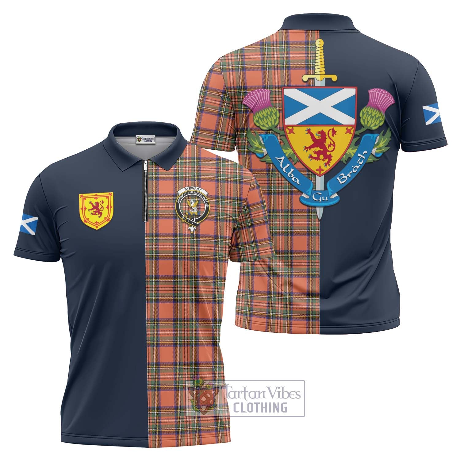 Tartan Vibes Clothing Stewart Royal Ancient Tartan Zipper Polo Shirt with Scottish Lion Royal Arm Half Style