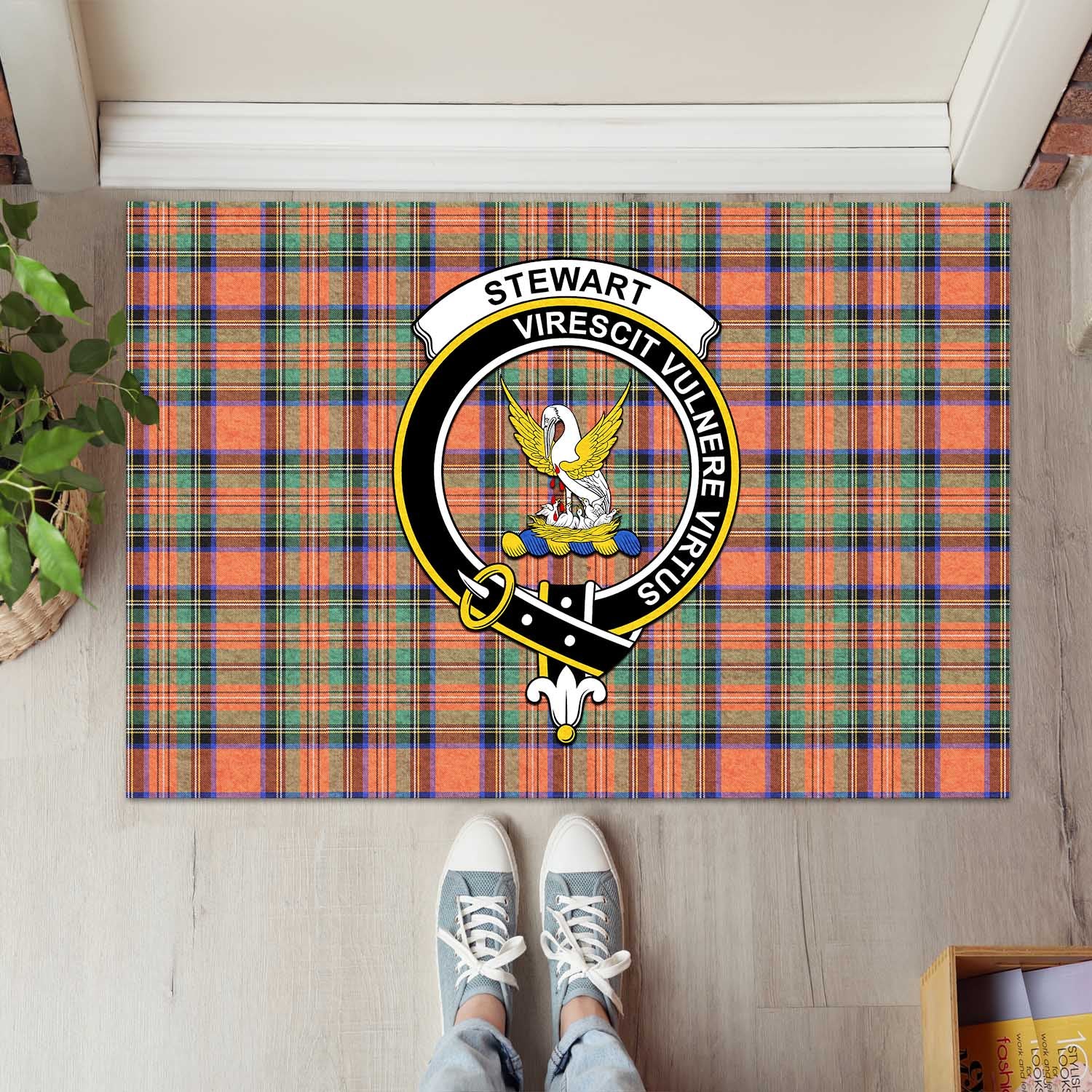 Stewart Royal Ancient Tartan Door Mat with Family Crest - Tartanvibesclothing Shop