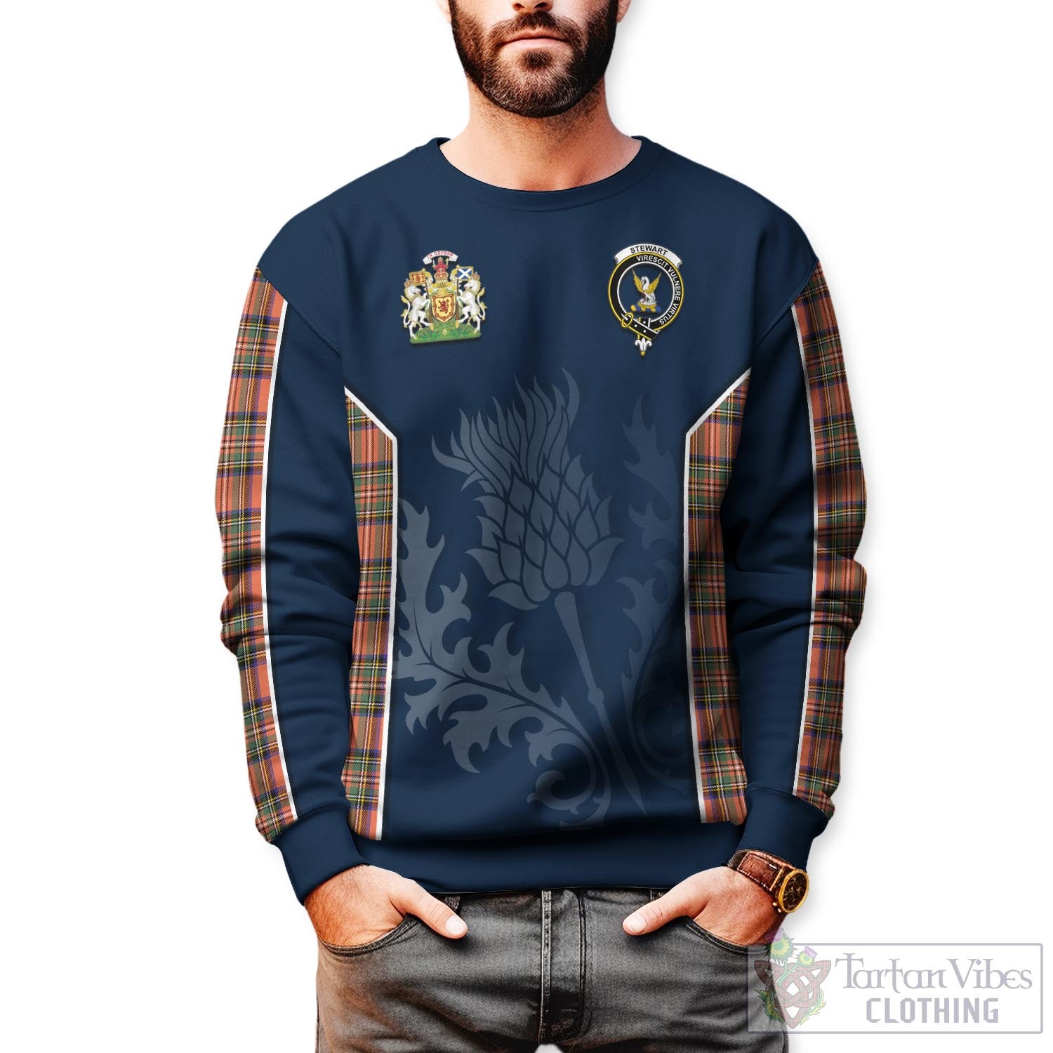 Tartan Vibes Clothing Stewart Royal Ancient Tartan Sweatshirt with Family Crest and Scottish Thistle Vibes Sport Style