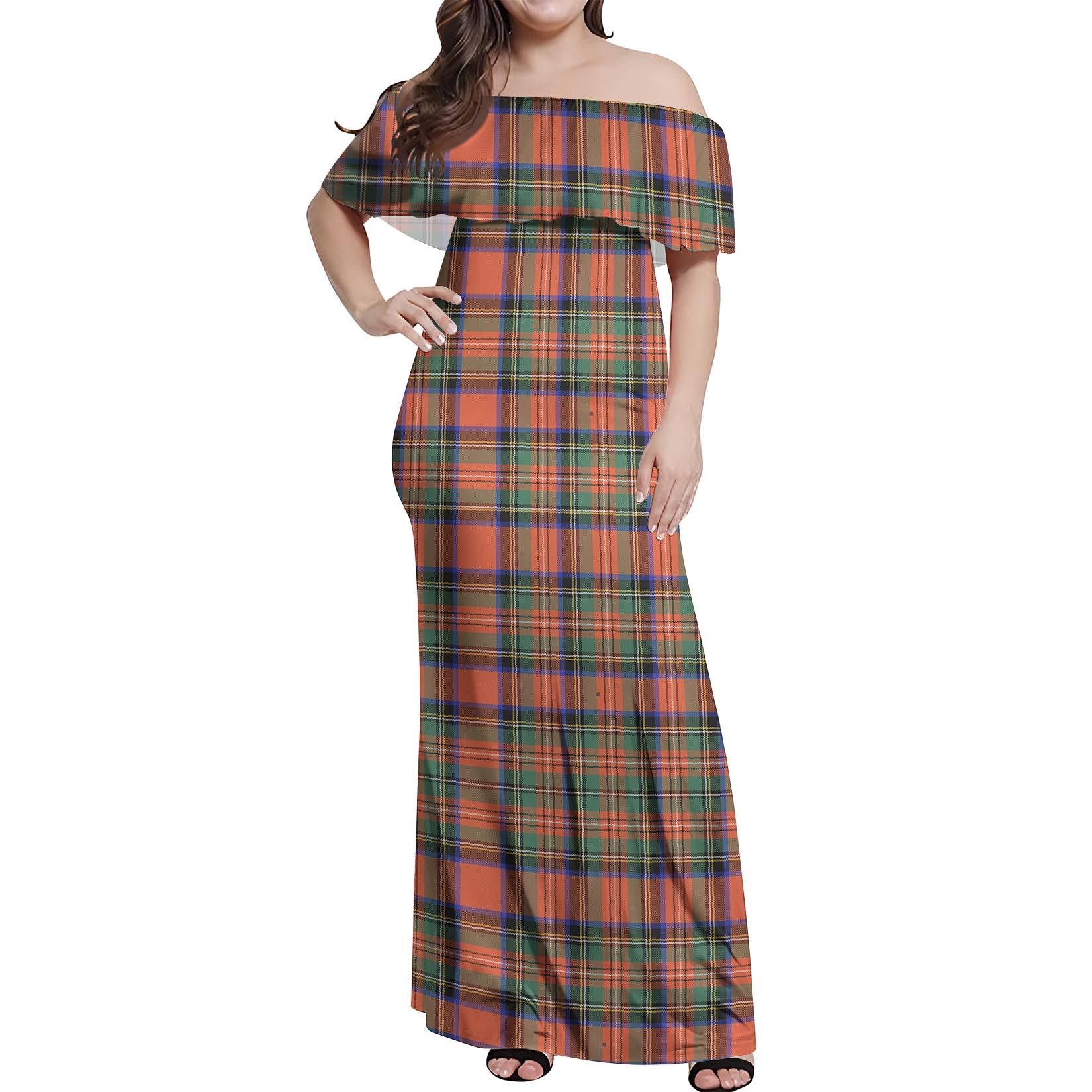 Stewart Royal Ancient Tartan Off Shoulder Long Dress Women's Dress - Tartanvibesclothing