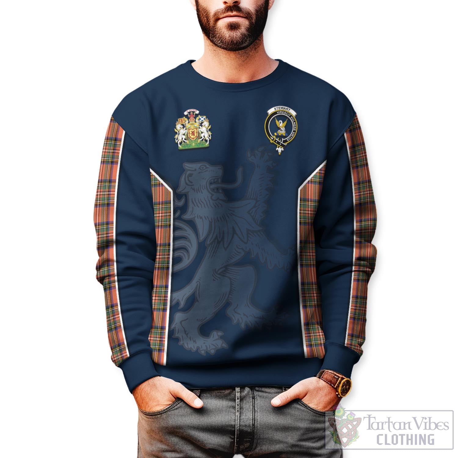 Tartan Vibes Clothing Stewart Royal Ancient Tartan Sweater with Family Crest and Lion Rampant Vibes Sport Style