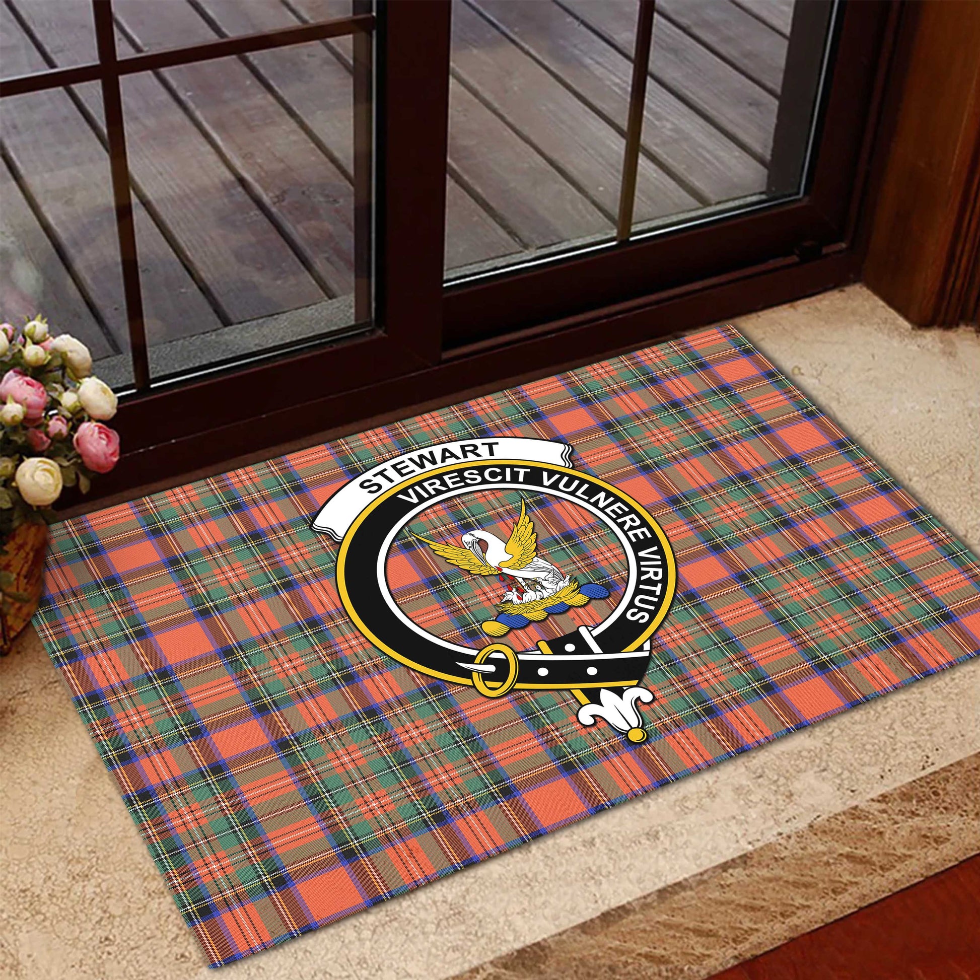 Stewart Royal Ancient Tartan Door Mat with Family Crest - Tartanvibesclothing Shop