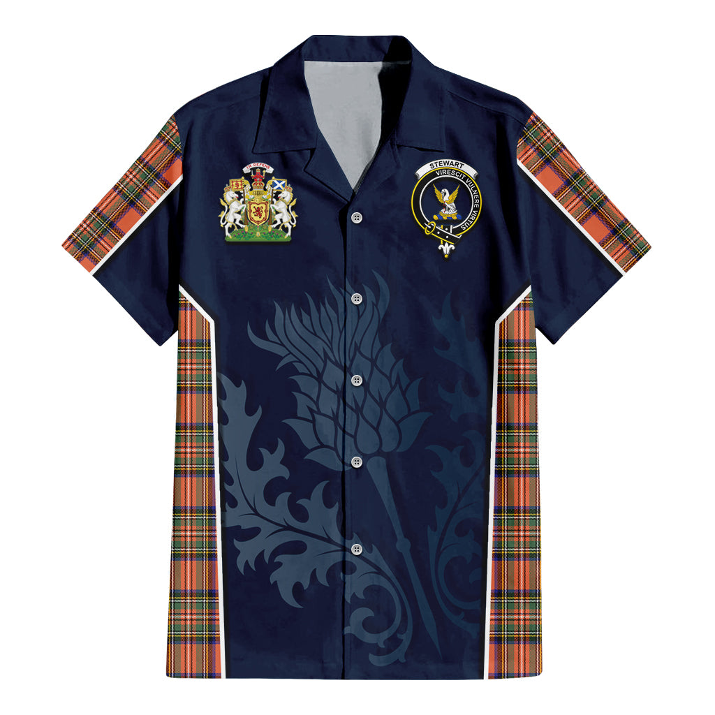 Tartan Vibes Clothing Stewart Royal Ancient Tartan Short Sleeve Button Up Shirt with Family Crest and Scottish Thistle Vibes Sport Style