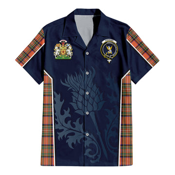 Stewart Royal Ancient Tartan Short Sleeve Button Up Shirt with Family Crest and Scottish Thistle Vibes Sport Style