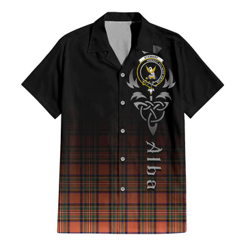 Stewart Royal Ancient Tartan Short Sleeve Button Up Featuring Alba Gu Brath Family Crest Celtic Inspired
