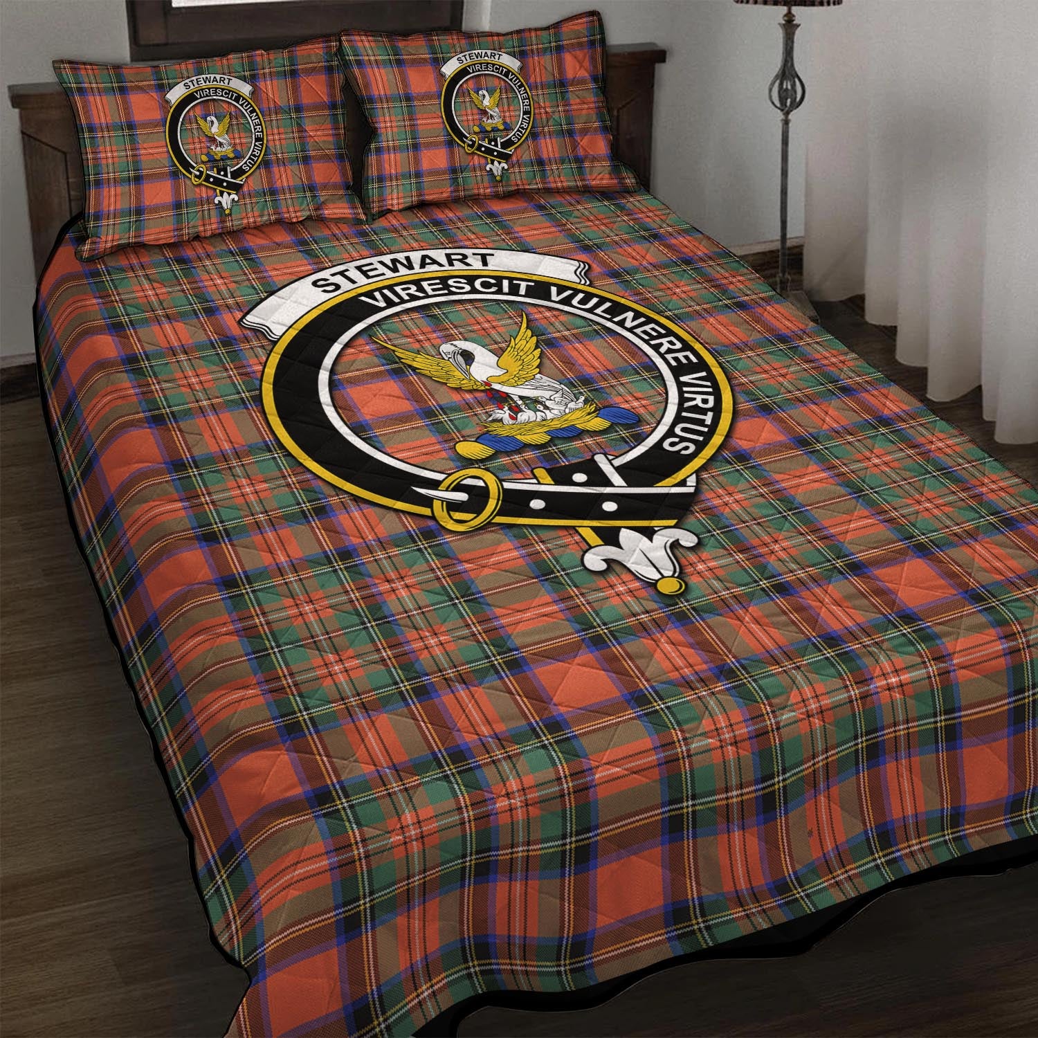 Stewart Royal Ancient Tartan Quilt Bed Set with Family Crest - Tartan Vibes Clothing