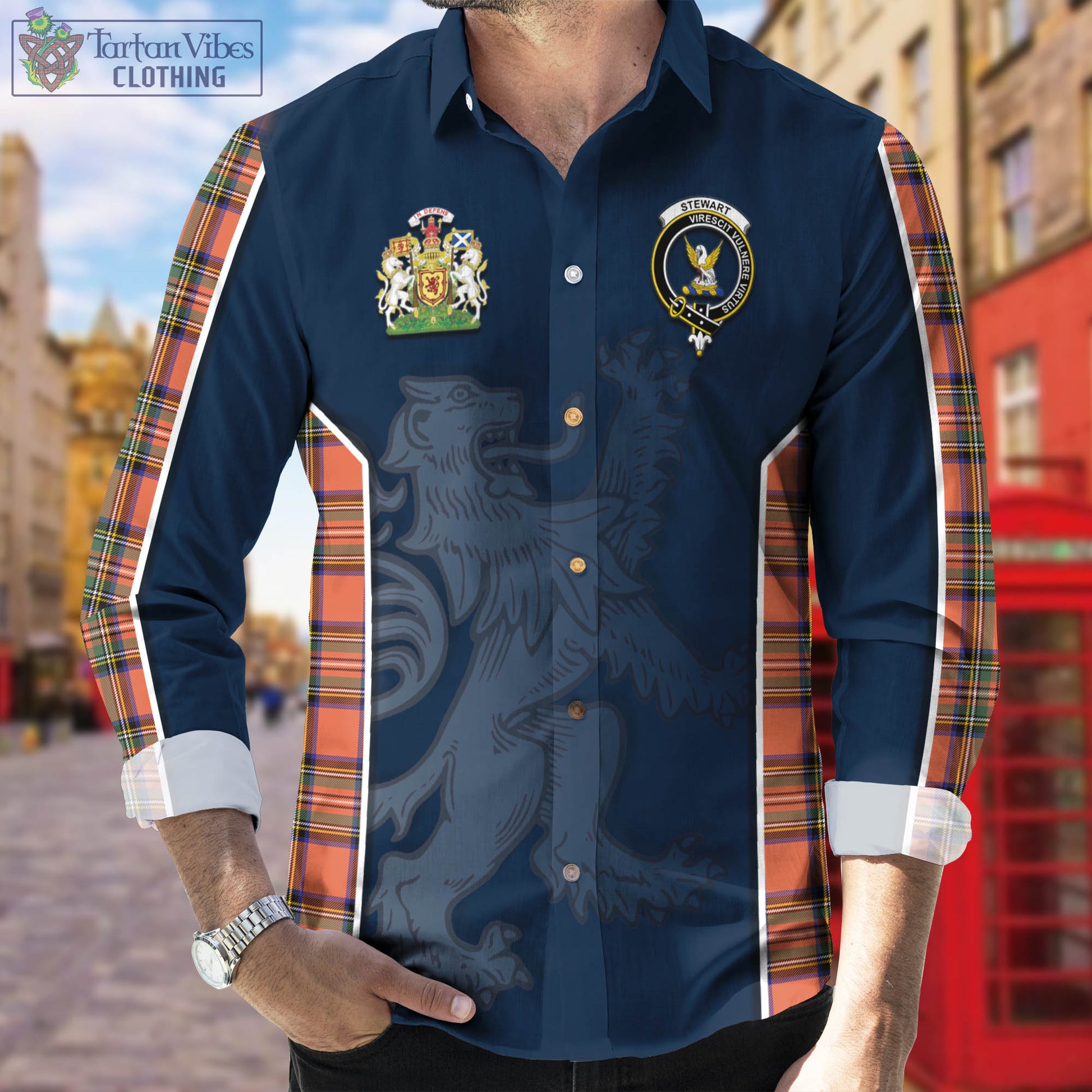 Stewart Royal Ancient Tartan Long Sleeve Button Up Shirt with Family Crest and Lion Rampant Vibes Sport Style