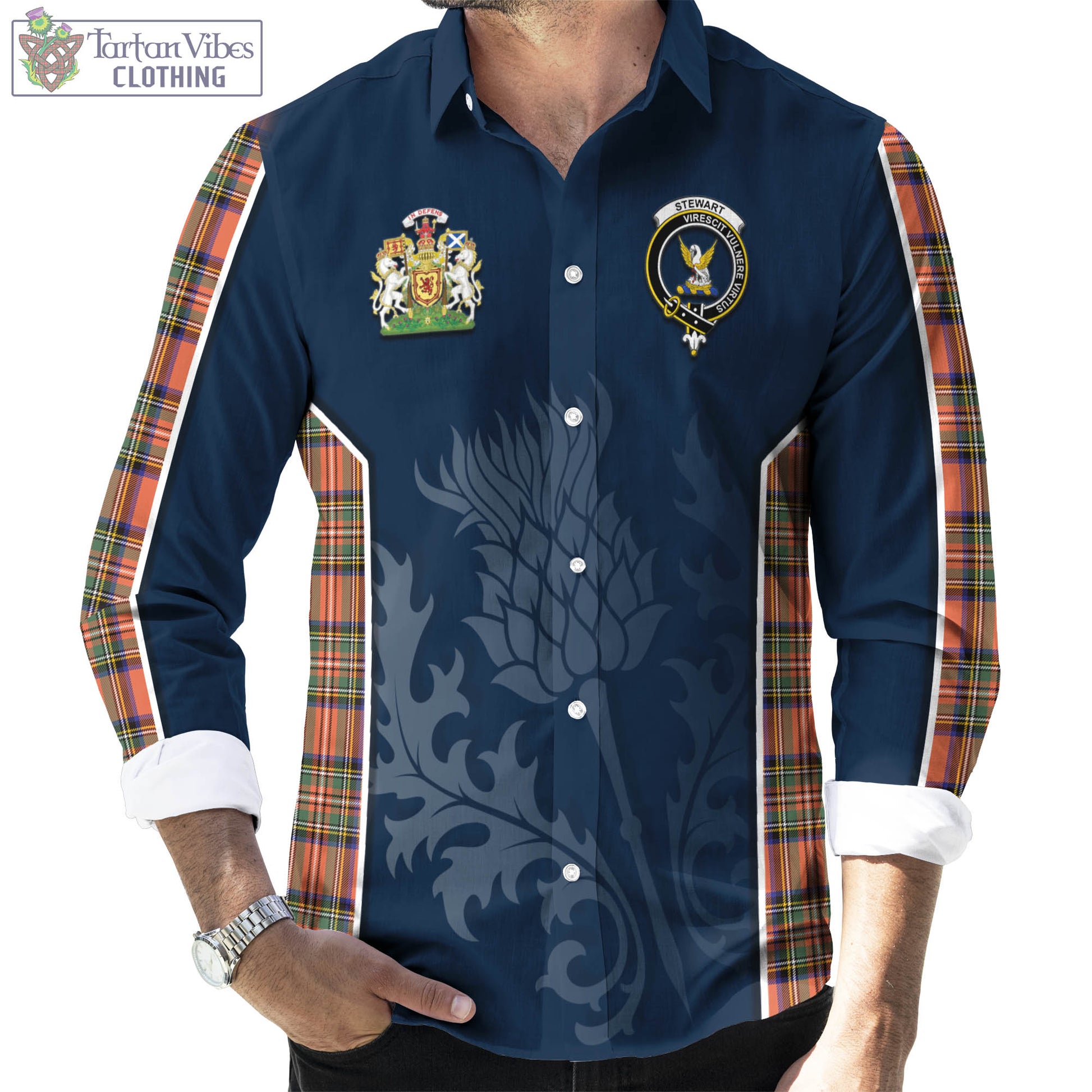 Tartan Vibes Clothing Stewart Royal Ancient Tartan Long Sleeve Button Up Shirt with Family Crest and Scottish Thistle Vibes Sport Style