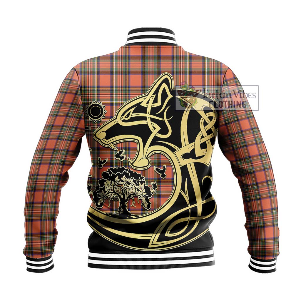 Tartan Vibes Clothing Stewart Royal Ancient Tartan Baseball Jacket with Family Crest Celtic Wolf Style