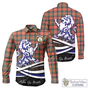 Stewart Royal Ancient Tartan Long Sleeve Button Up Shirt with Alba Gu Brath Regal Lion Emblem
