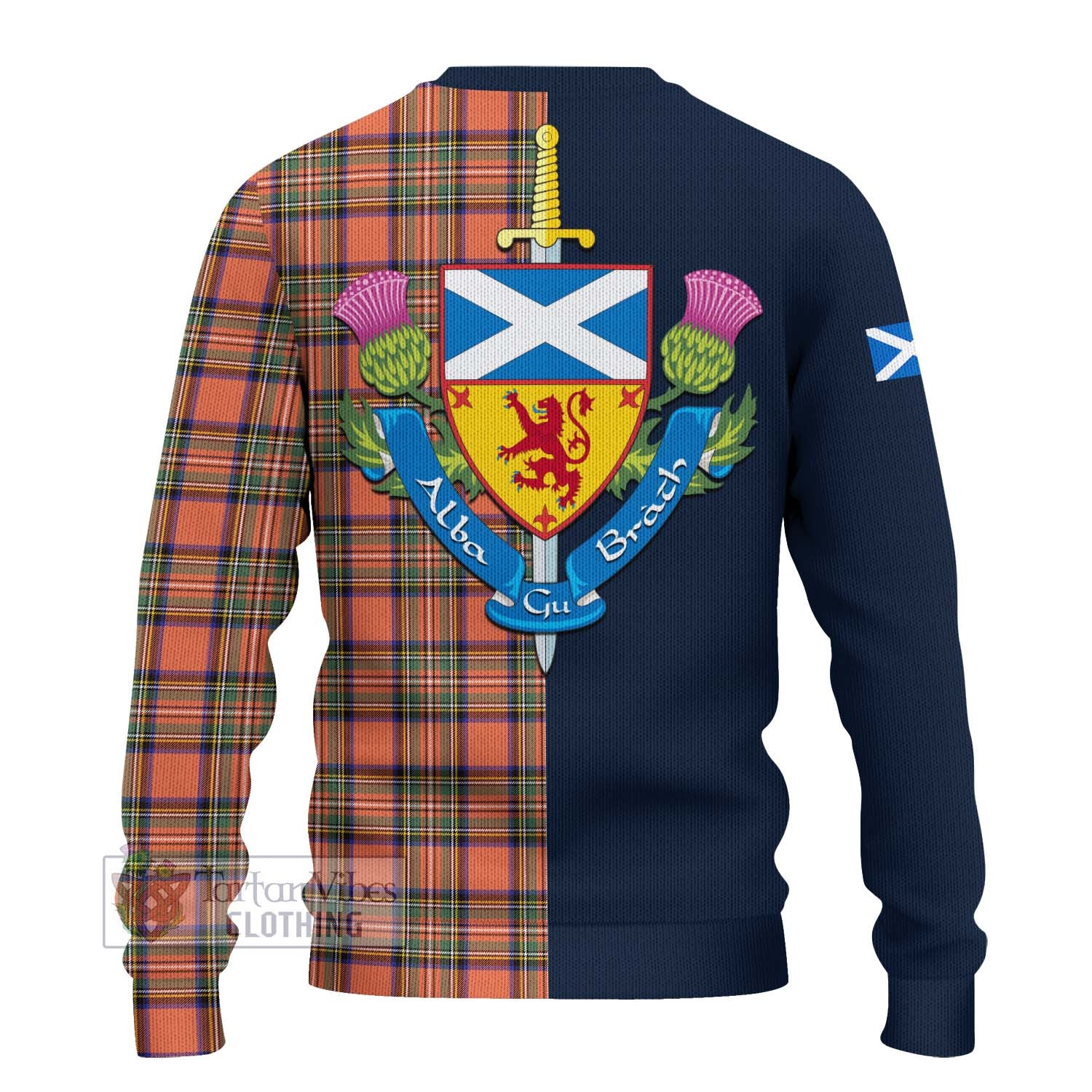 Tartan Vibes Clothing Stewart Royal Ancient Tartan Knitted Sweater with Scottish Lion Royal Arm Half Style