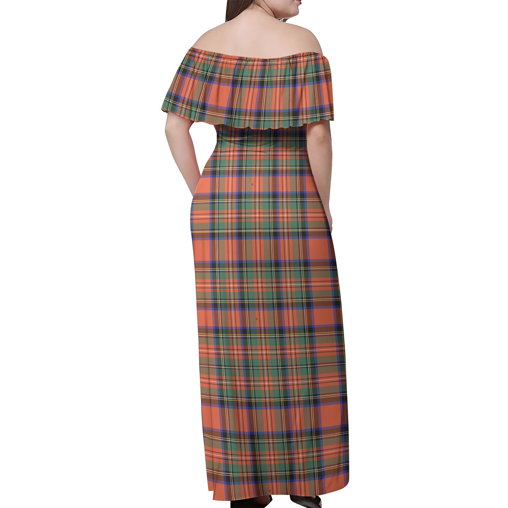 Stewart Royal Ancient Tartan Off Shoulder Long Dress - Tartanvibesclothing