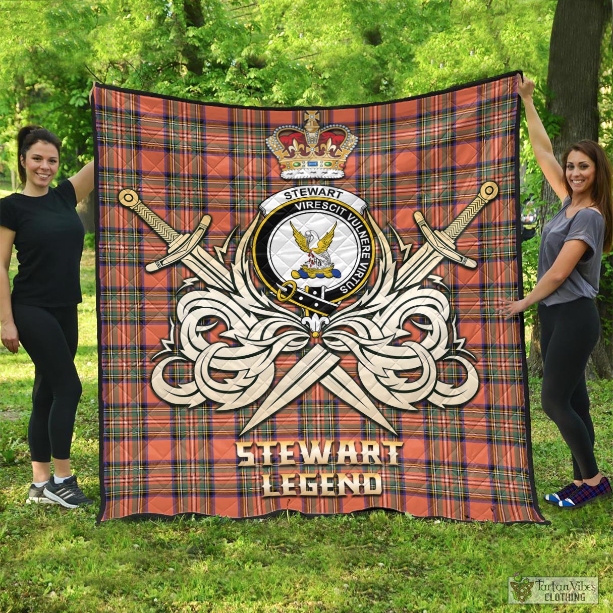 Tartan Vibes Clothing Stewart Royal Ancient Tartan Quilt with Clan Crest and the Golden Sword of Courageous Legacy
