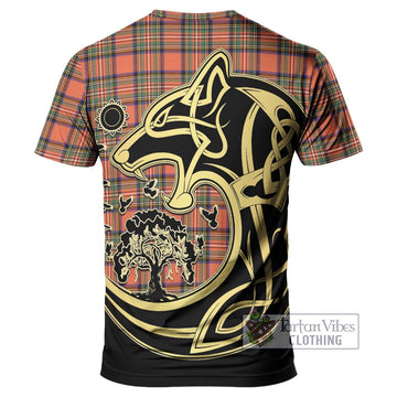 Stewart Royal Ancient Tartan T-Shirt with Family Crest Celtic Wolf Style