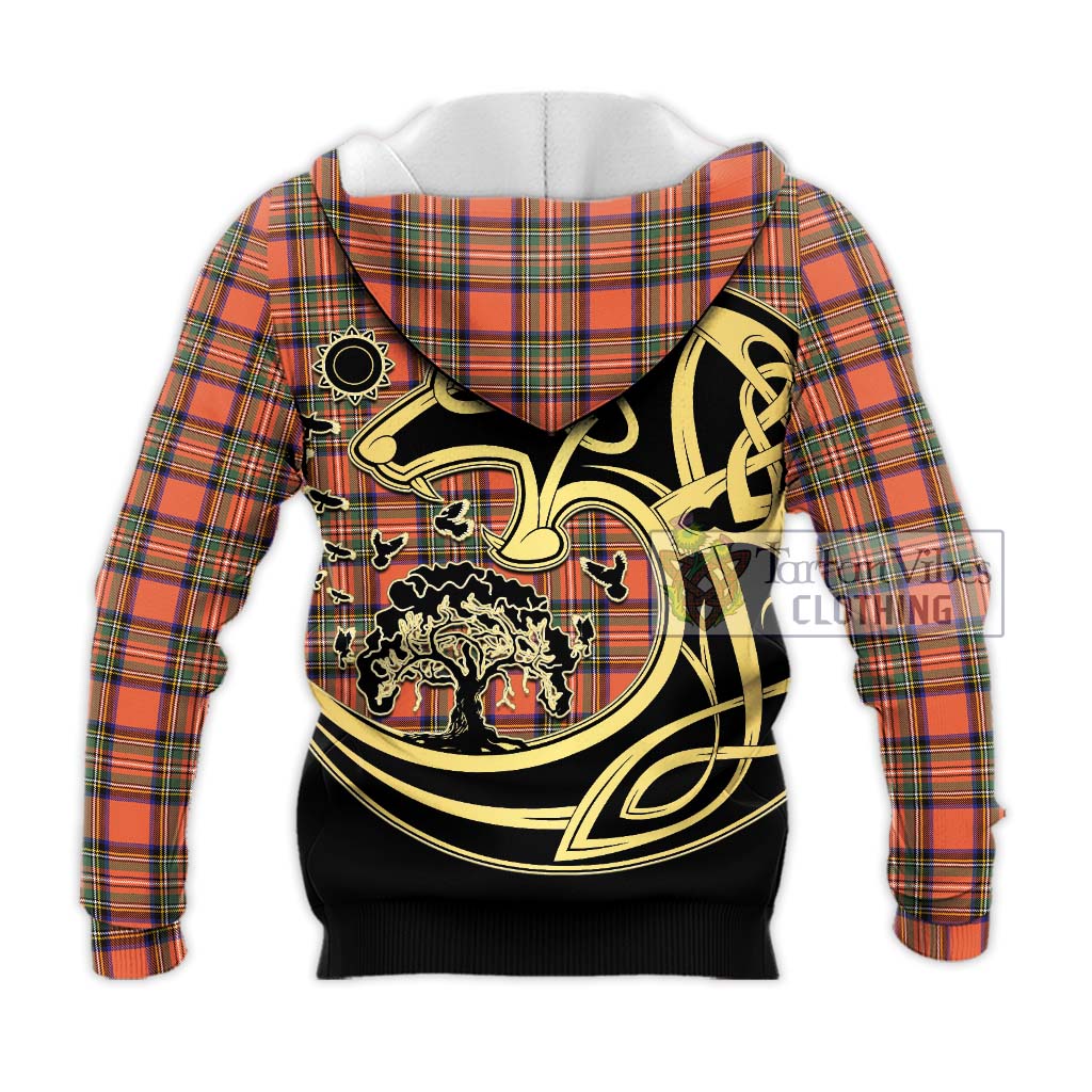 Tartan Vibes Clothing Stewart Royal Ancient Tartan Knitted Hoodie with Family Crest Celtic Wolf Style