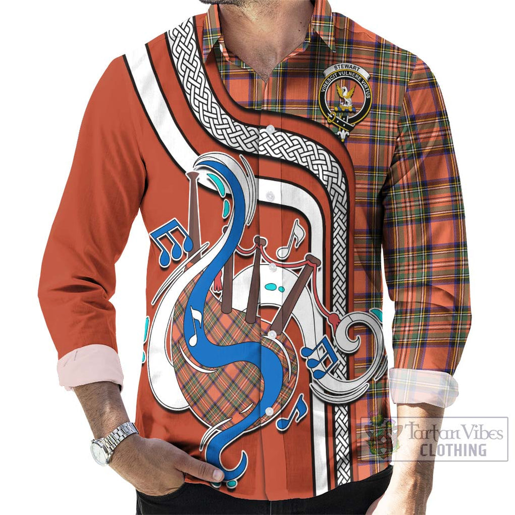 Stewart Royal Ancient Tartan Long Sleeve Button Shirt with Epic Bagpipe Style - Tartanvibesclothing Shop